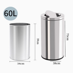 AutoMax 不銹鋼銀色圓形垃圾桶 60L 翻蓋式 商場垃圾桶 酒店垃圾桶